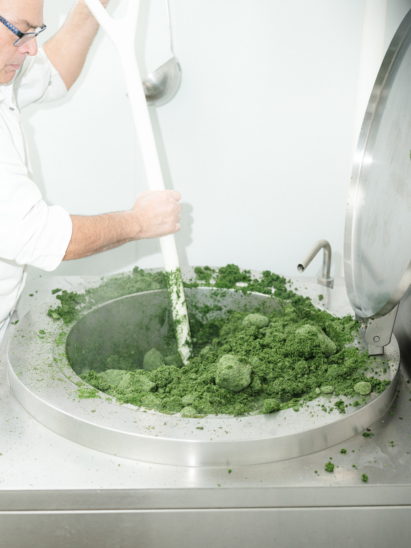 worker mixing green spinach powder in machine by Alexi Hobbs in Auvergne for Reflets de France