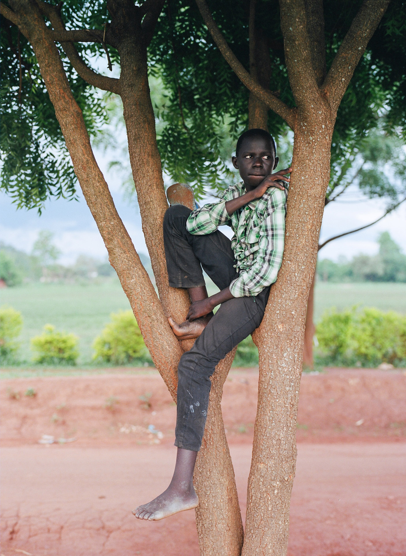 young black boy sitting in tree looking away by Alexi Hobbs in Uganda for Football for good with Sportsnet