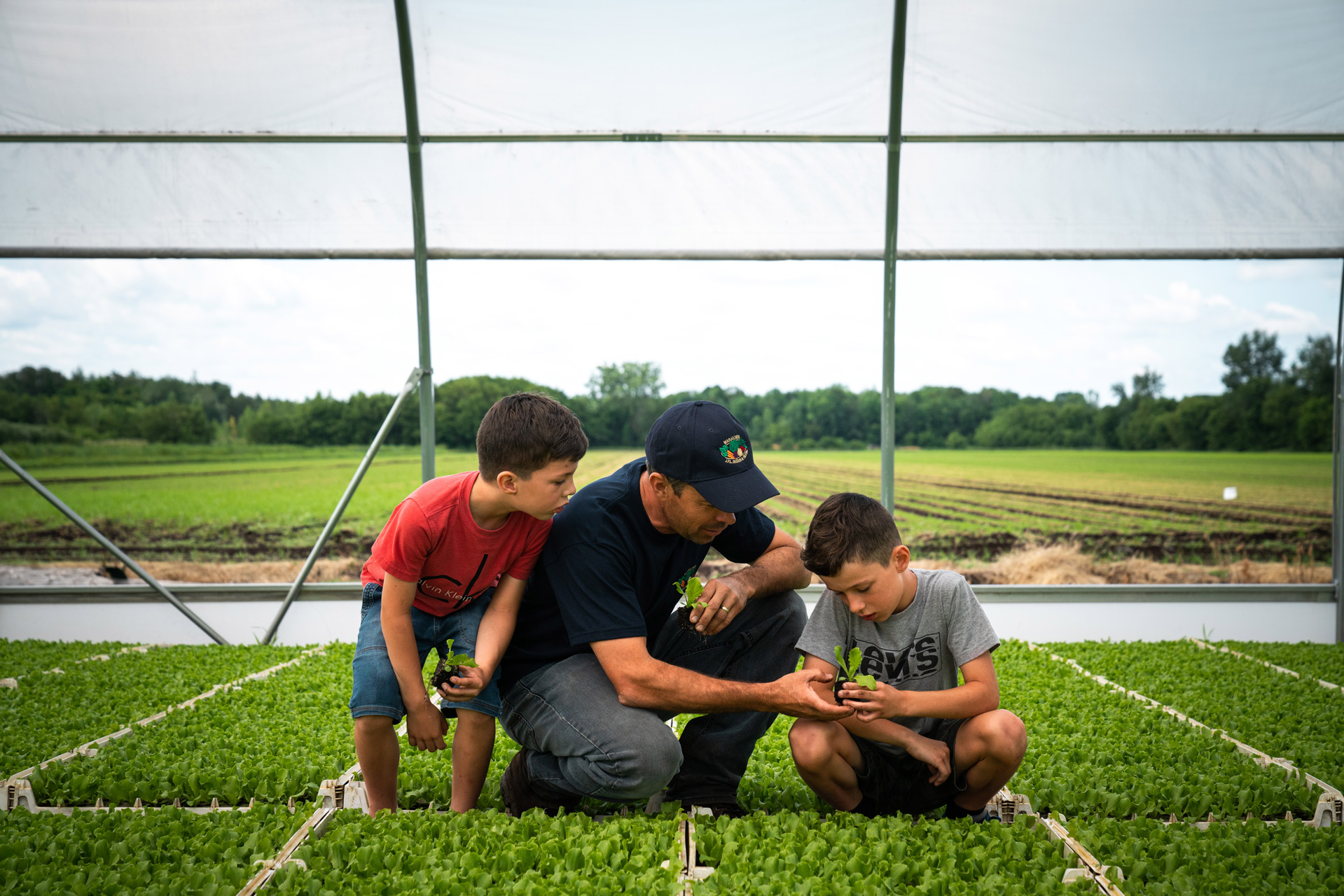 father showing young plants to both his sons crouching on the ground by Bruno Florin for Sollio Agriculture