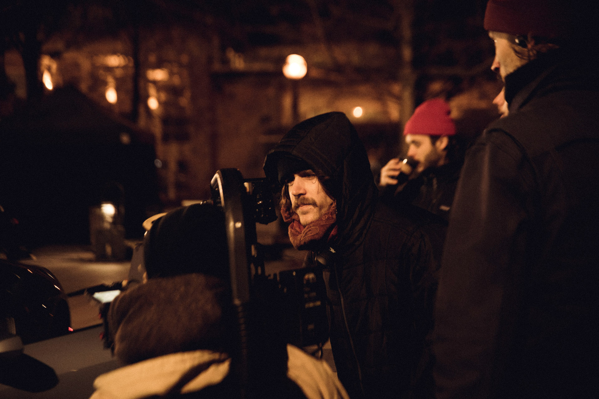 Vincent Ruel-Cote from Les Gamins behind the scenes filming TV series La Loi C'est La Loi at night with TV5 Unis
