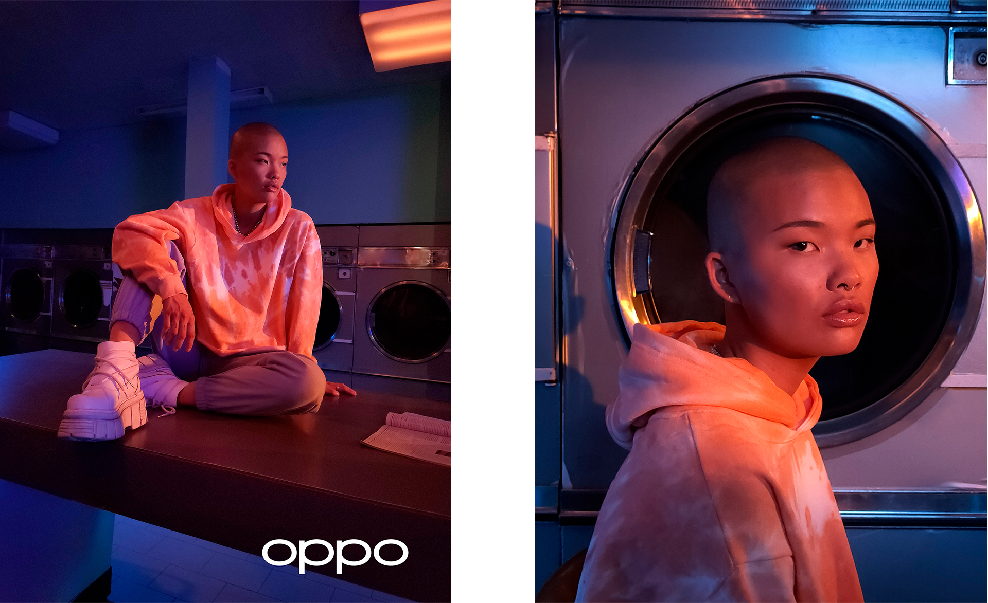 model asiatique feminin dans une laverie photo prise par un oppo reno4 pour la campagne hungry & foolish par simon duhamel