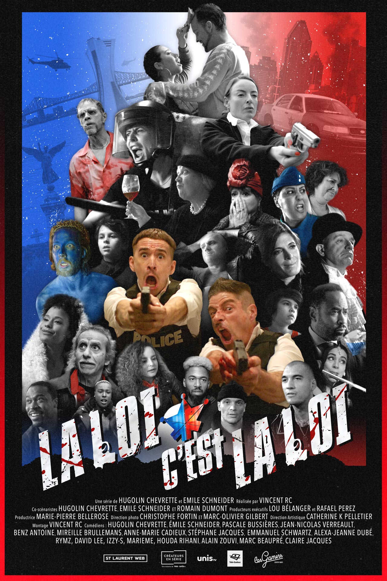 promotional poster with show title of actors Hugolin Chevrette-Landesque and Emile Schneider for TV series La Loi C'est La Loi filmed by Les Gamins for TV5 Unis