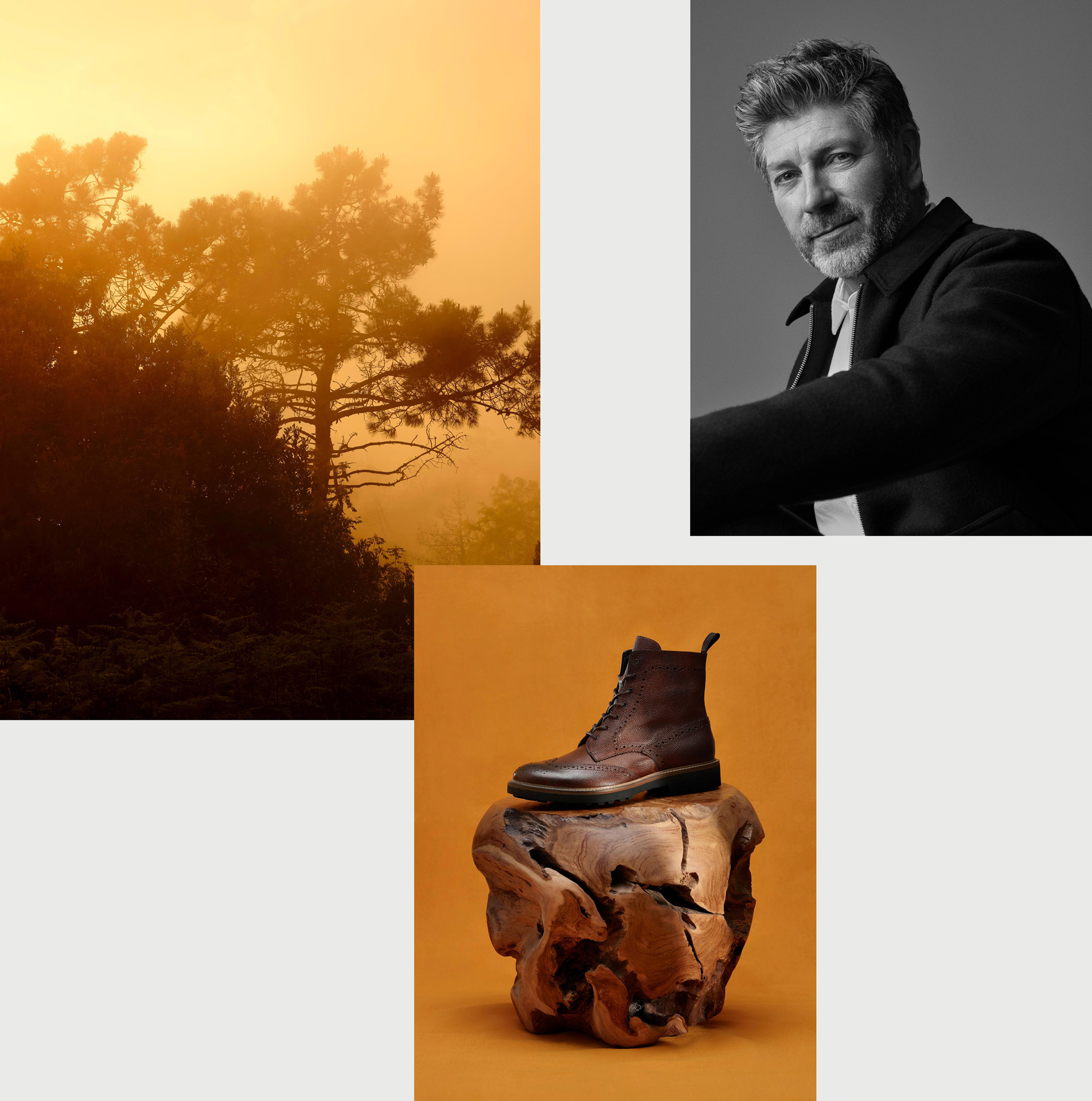 montage of middle aged male model smiling with sunset over trees and picture of brown textured leather boot on chunk of polished wood on yellow-orange background all by Maxyme G Delisle with artistic direction from Studio TB for Jean-Paul Fortin Fall collection