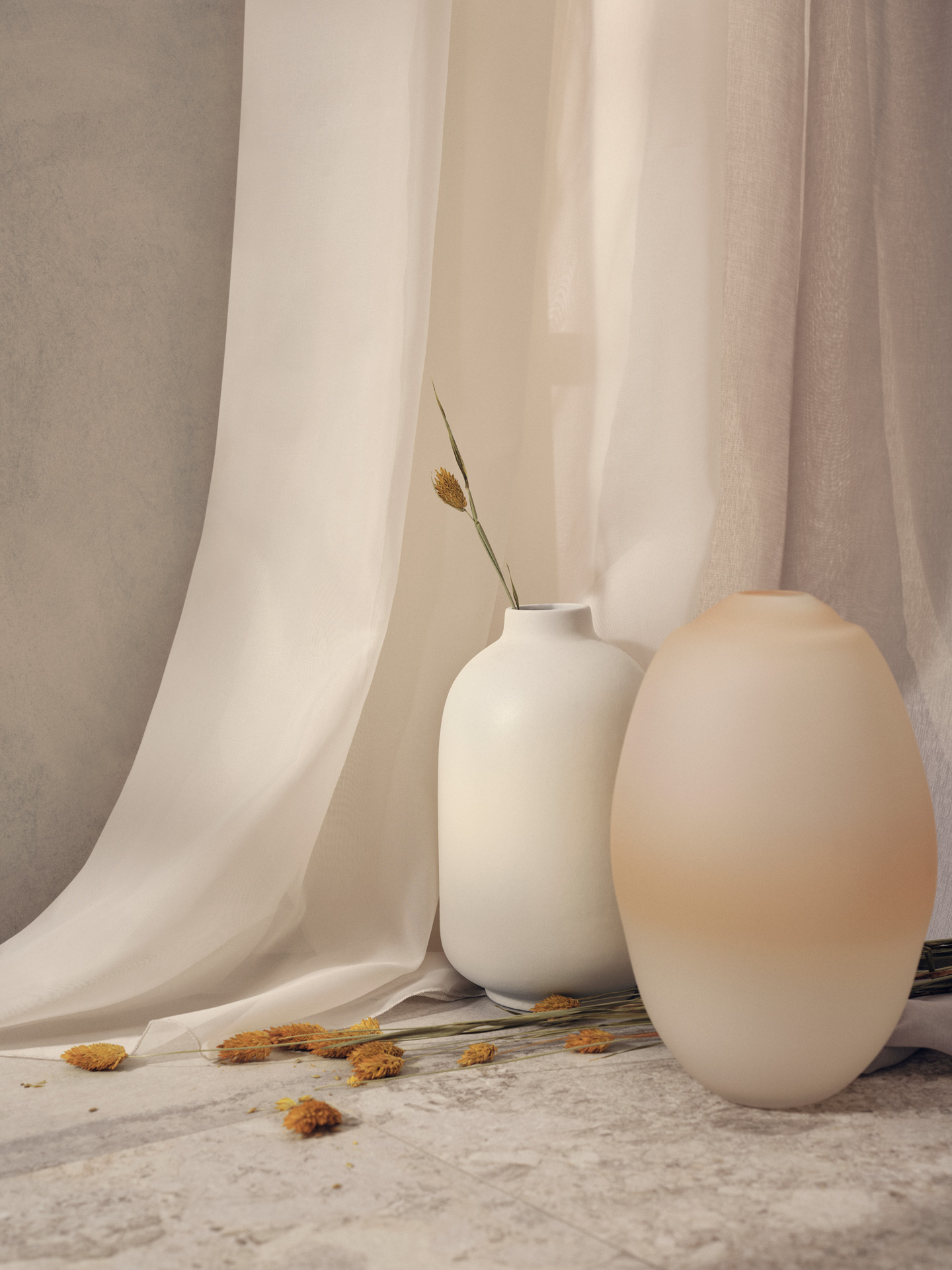 two big vases with single branch of dried plants in them in front of white linen curtains for Jean-Paul Fortin summer-spring collection photographed by Maxyme G Delisle with artistic direction, conception and set design by Studio TB