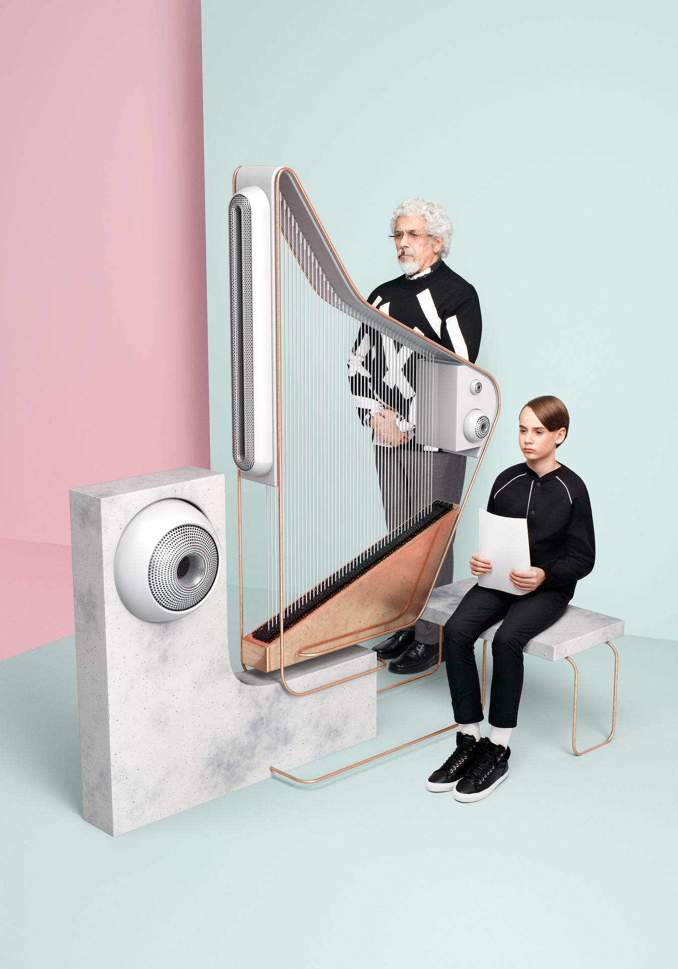 young boy dressed in black holding music sheet looking straight ahead sitting on marble bench next to futuristic marble and copper harp with old music teacher behind by Simon Duhamel for Bloom Maestro