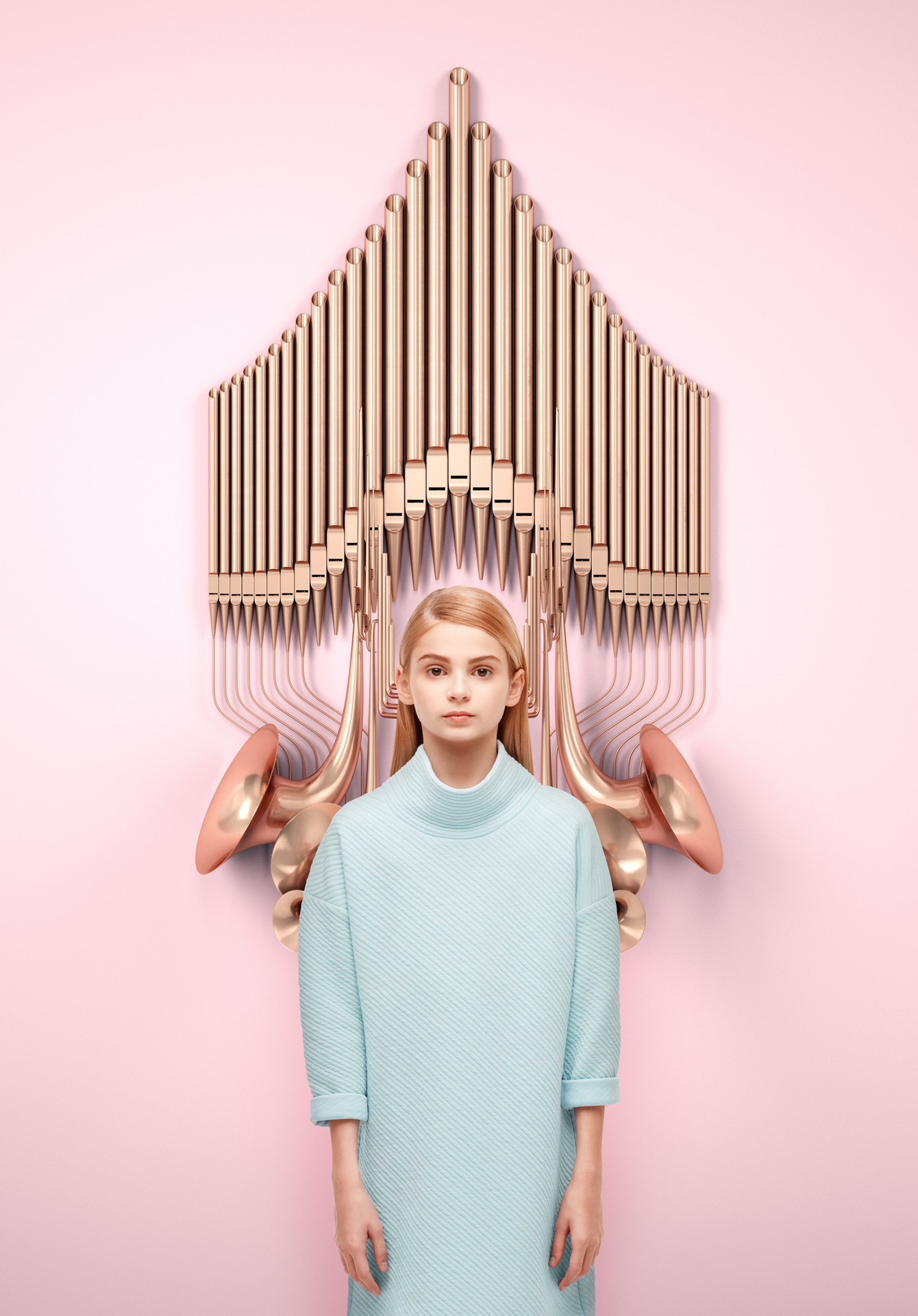 young blonde girl wearing light blue dress standing in front of futuristic copper pipes and horns by Simon Duhamel for creative project Bloom Maestro