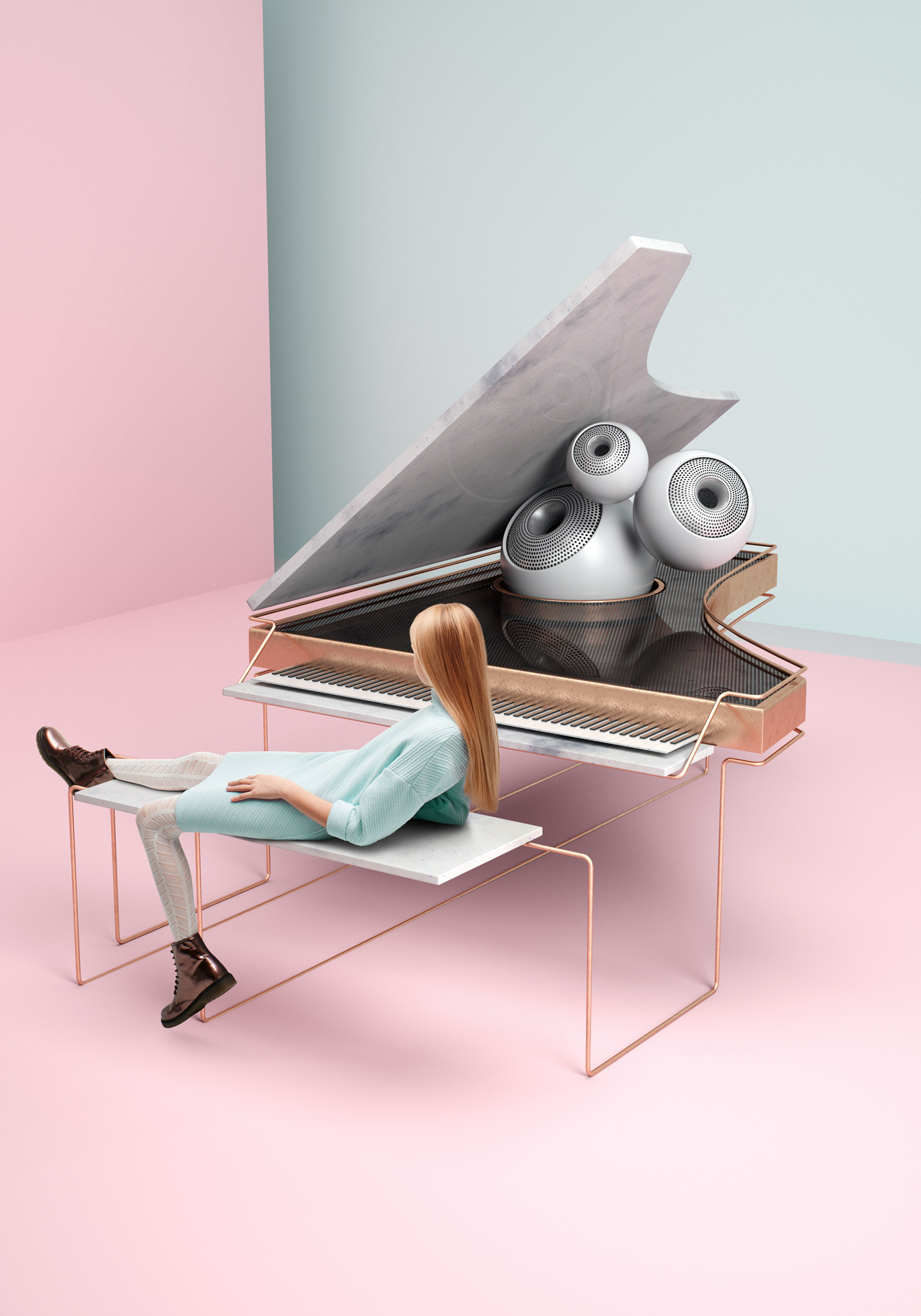 young blonde girl wearing light blue dress brown shoes laying down on bench of futuristic marble and copper piano by Simon Duhamel for creative project Bloom Maestro