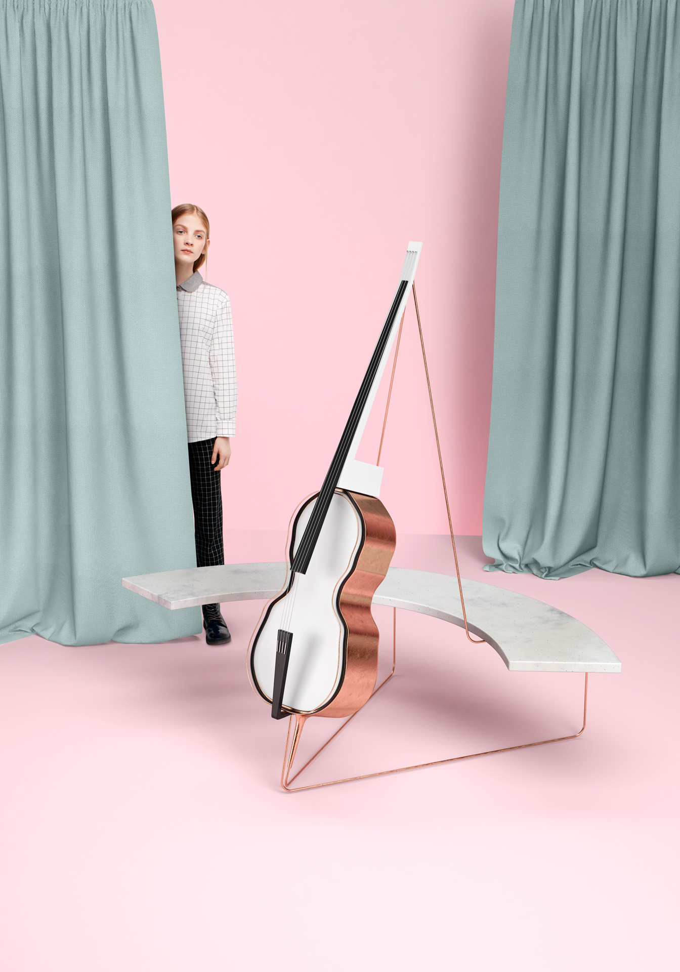 marble and copper futuristic cello in foreground young blonde girl hiding behind dark turquoise curtains pink background by Simon Duhamel for Bloom Maestro