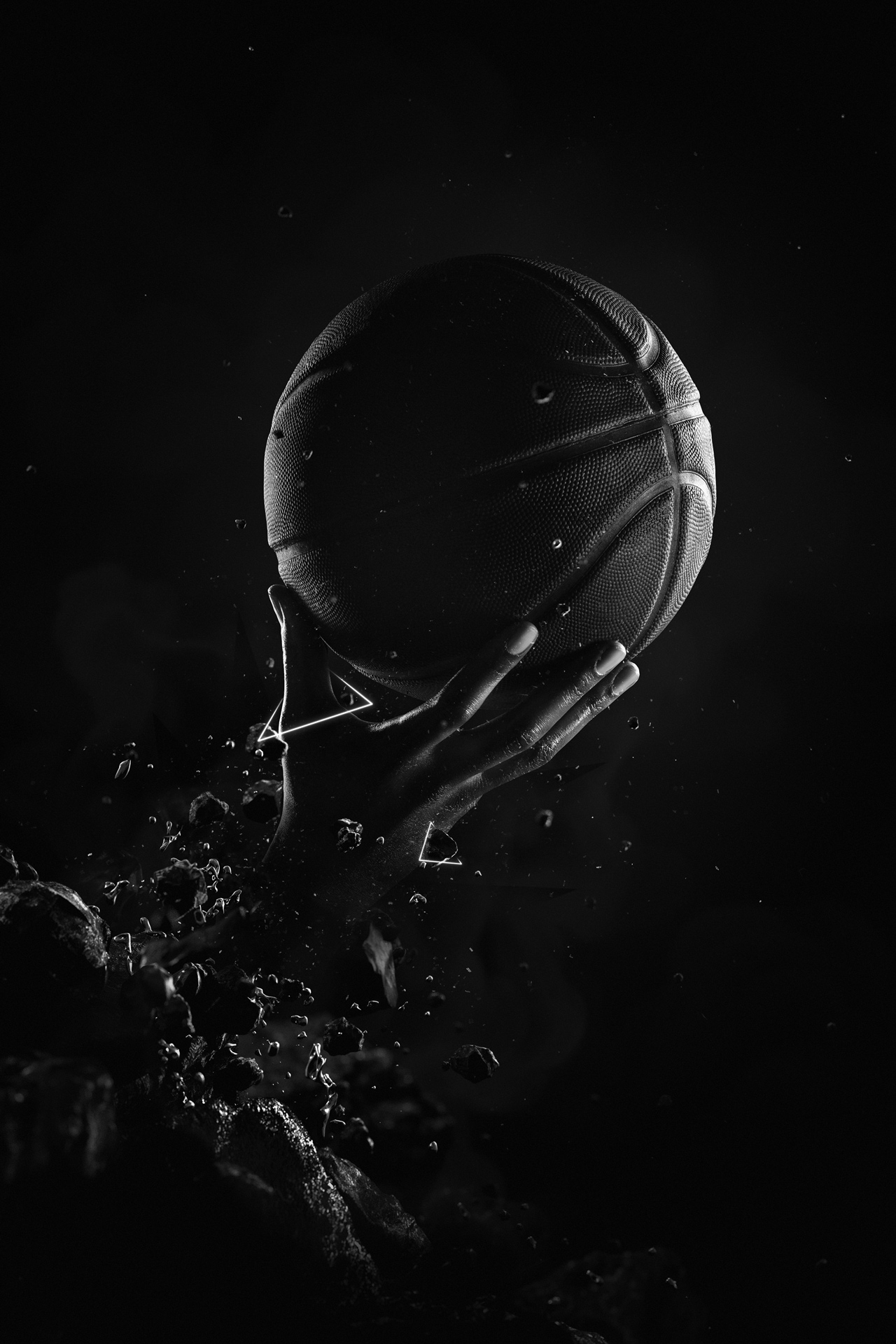 hand of black man posing as basketball player emerging from the ground holding basket ball black and white low lighting by Simon Duhamel for W-Hoop