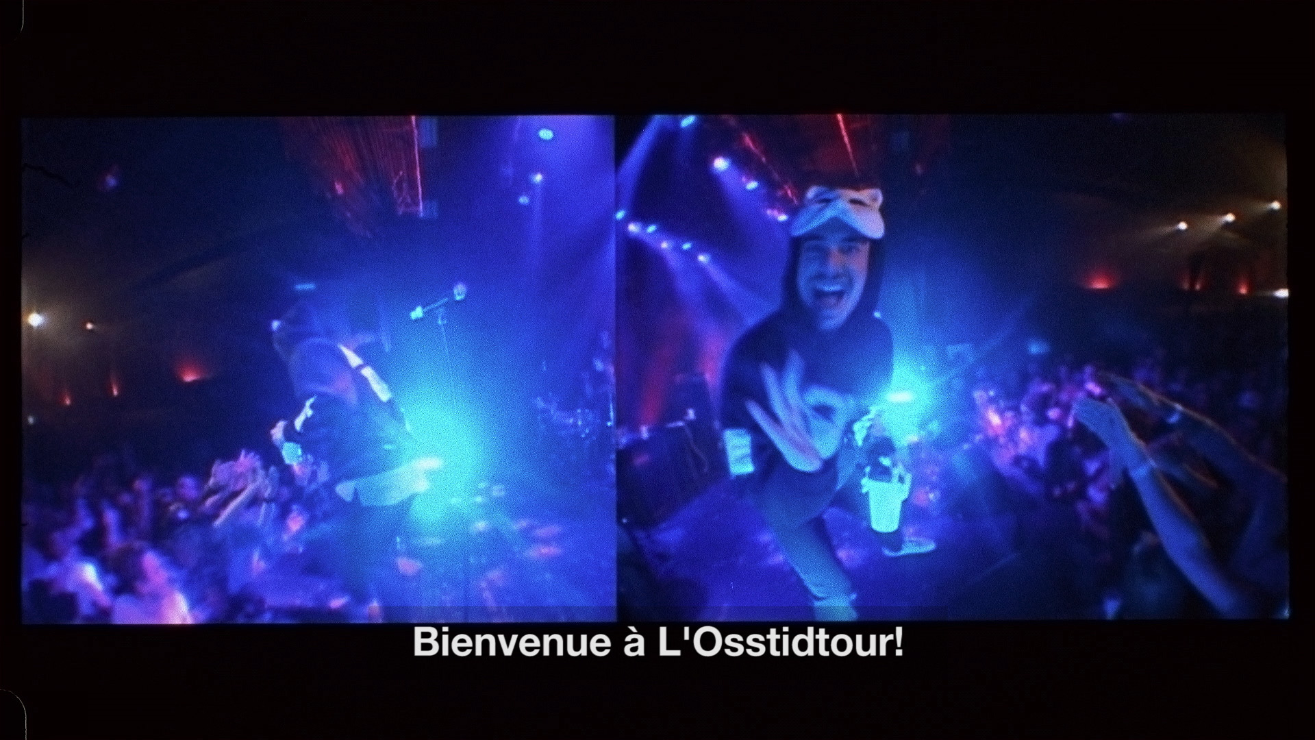 rapper Koriass announcing "welcome to l'Osstidtour" in front of wild crowd for L'Osstidfilm documentary filmed by Vincent Ruel-Cote from Les Gamins about L'Osstidtour