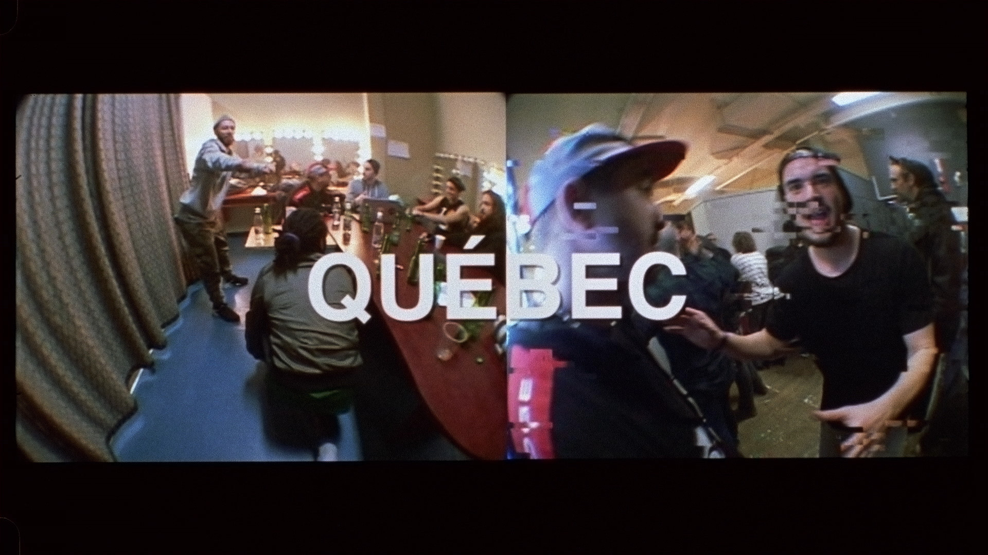 Alaclair Ensemble bandmates with Koriass and Brown backstage in Quebec city being silly in front of camera for L'Osstidfilm documentary filmed by Vincent Ruel-Cote from Les Gamins about L'Osstidtour