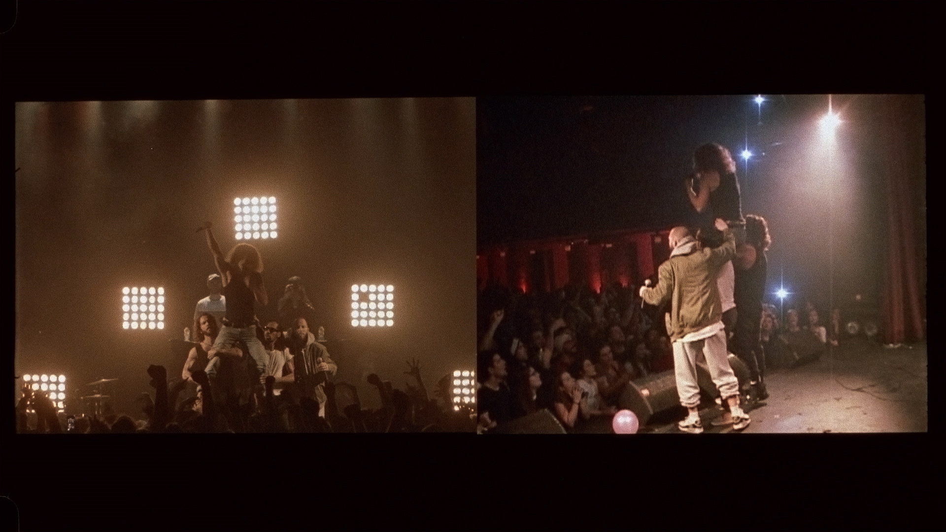 Alaclair Ensemble singer sitting on shoulders of his bandmates while singing fist up in the air for L'Osstidfilm documentary filmed by Vincent Ruel-Cote from Les Gamins about L'Osstidtour