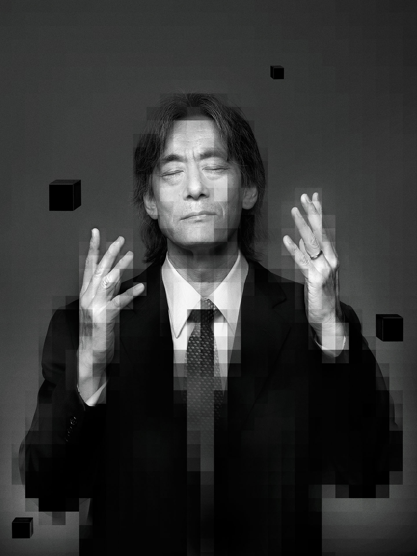 portrait of orchestra director Kent Nagano hands up eyes closed with pixel effect by Jocelyn Michel for Voir